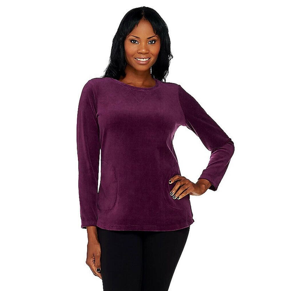 Denim & Co. Active Womens Velour Tunic Top Small Wine Purple Long Sleeve NWOT